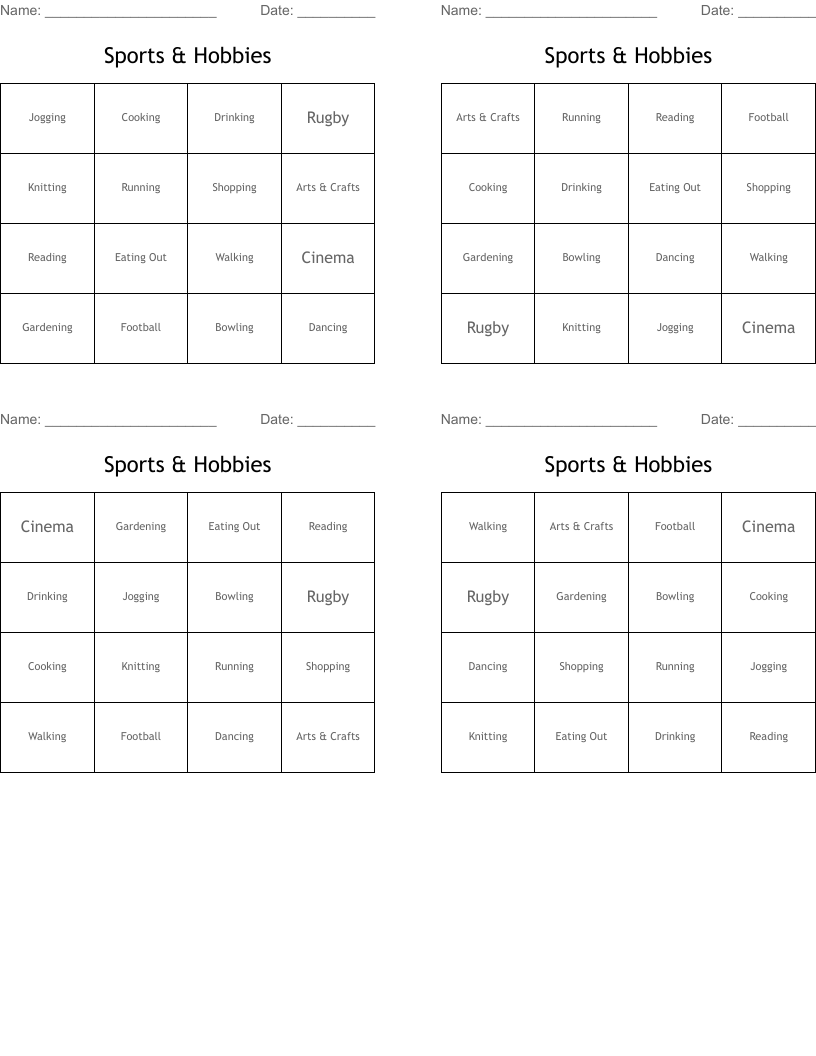 Sports & Hobbies Bingo Cards