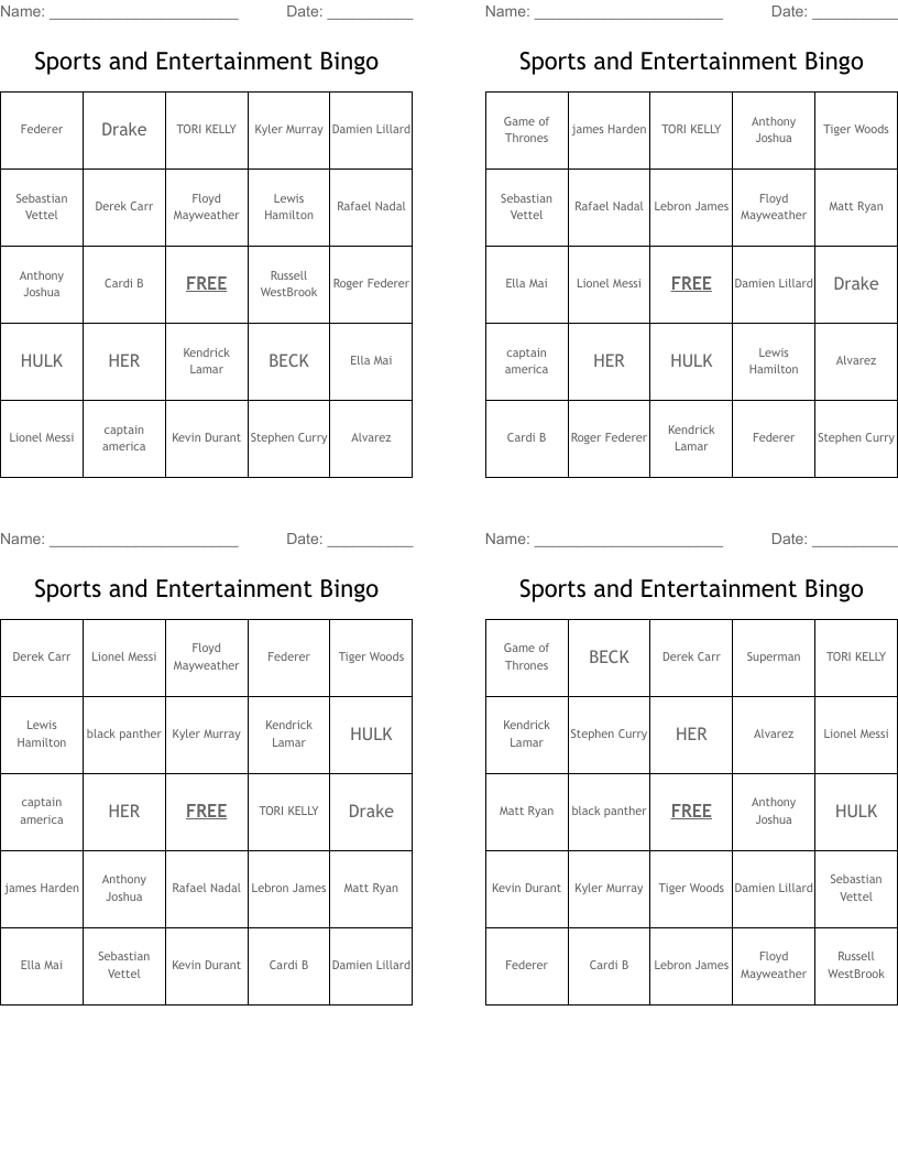 Sports and Entertainment Bingo