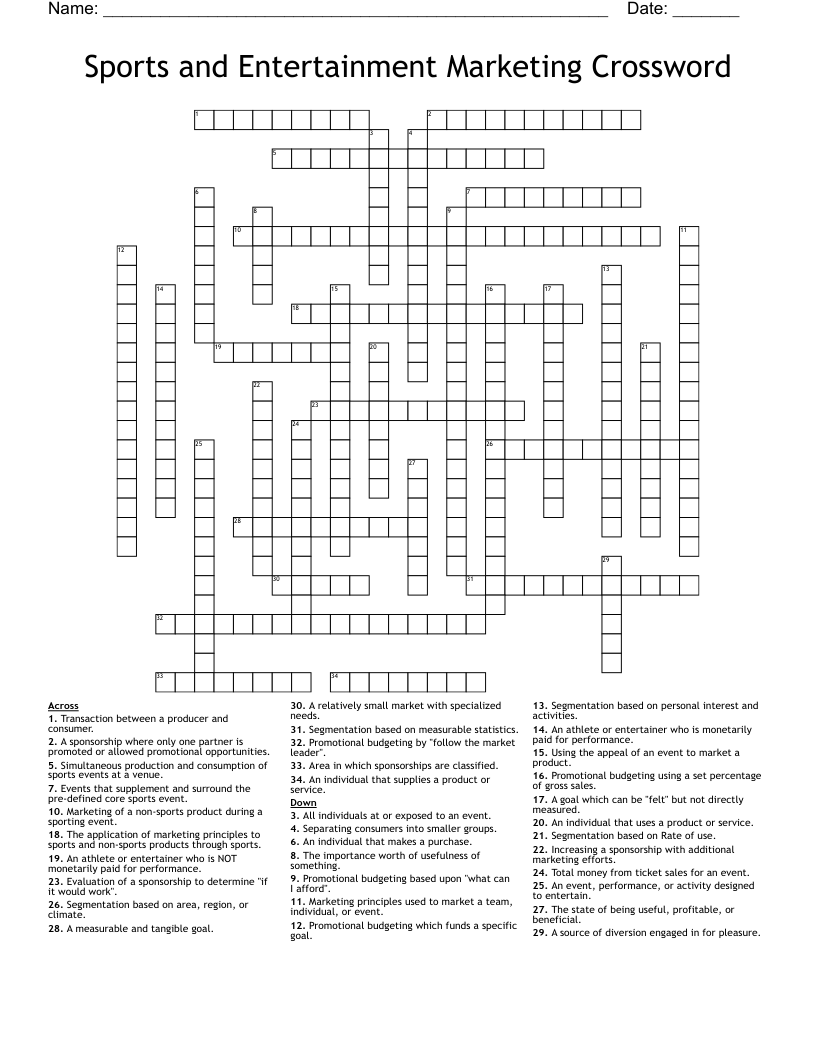 Sports and Entertainment Marketing Crossword