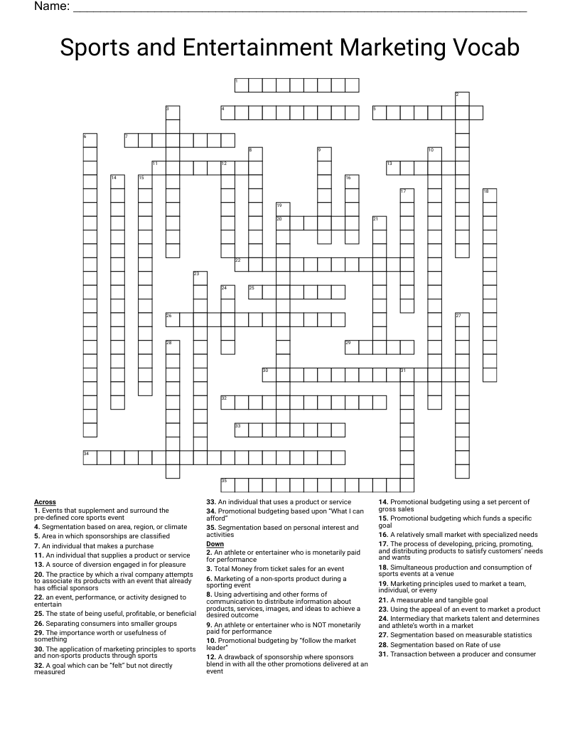 Sports and Entertainment Marketing Vocab Crossword