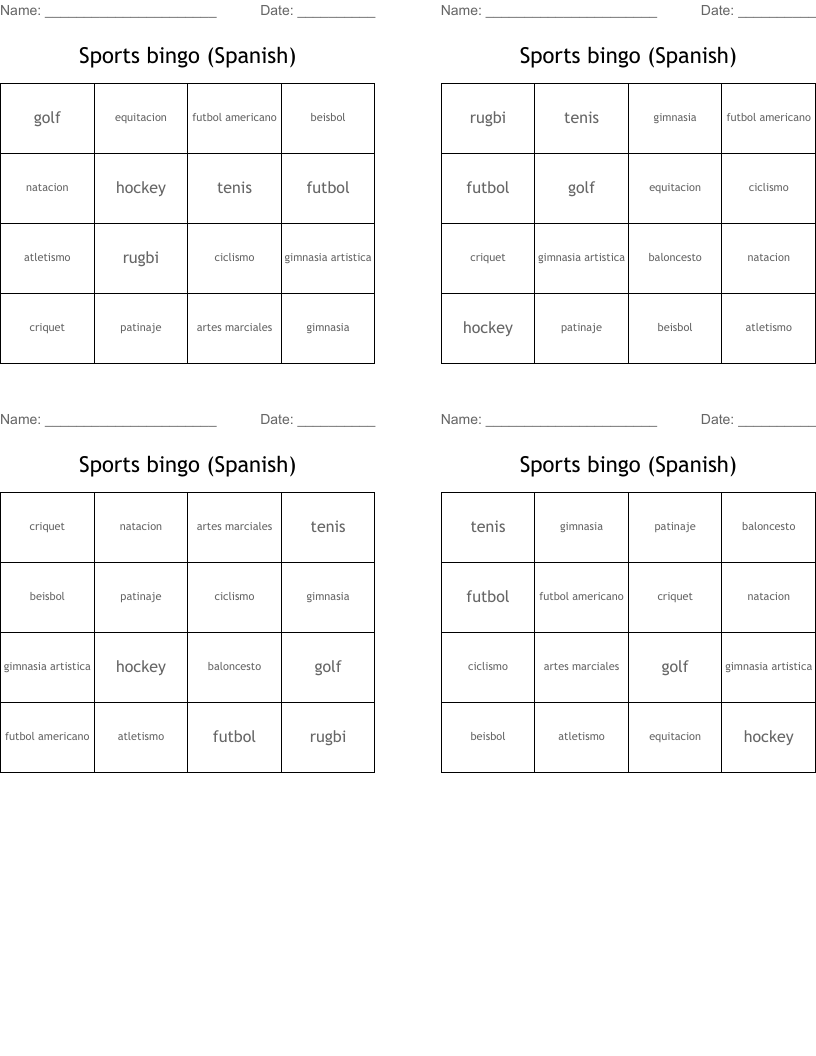 Sports bingo (Spanish)