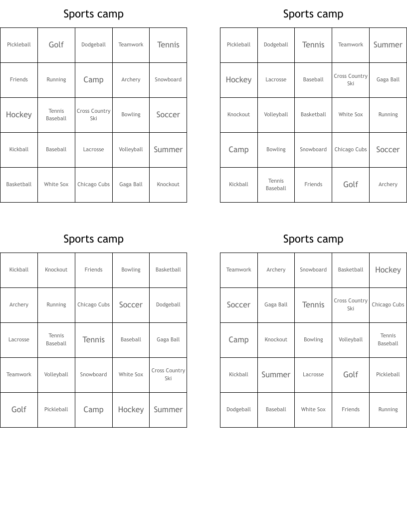 Sports camp  Bingo Cards
