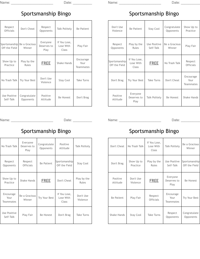 Sportsmanship Bingo