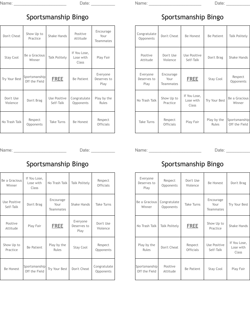 Sportsmanship Bingo