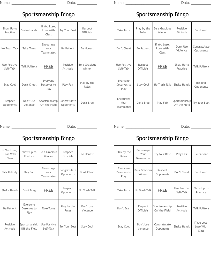 Sportsmanship Bingo