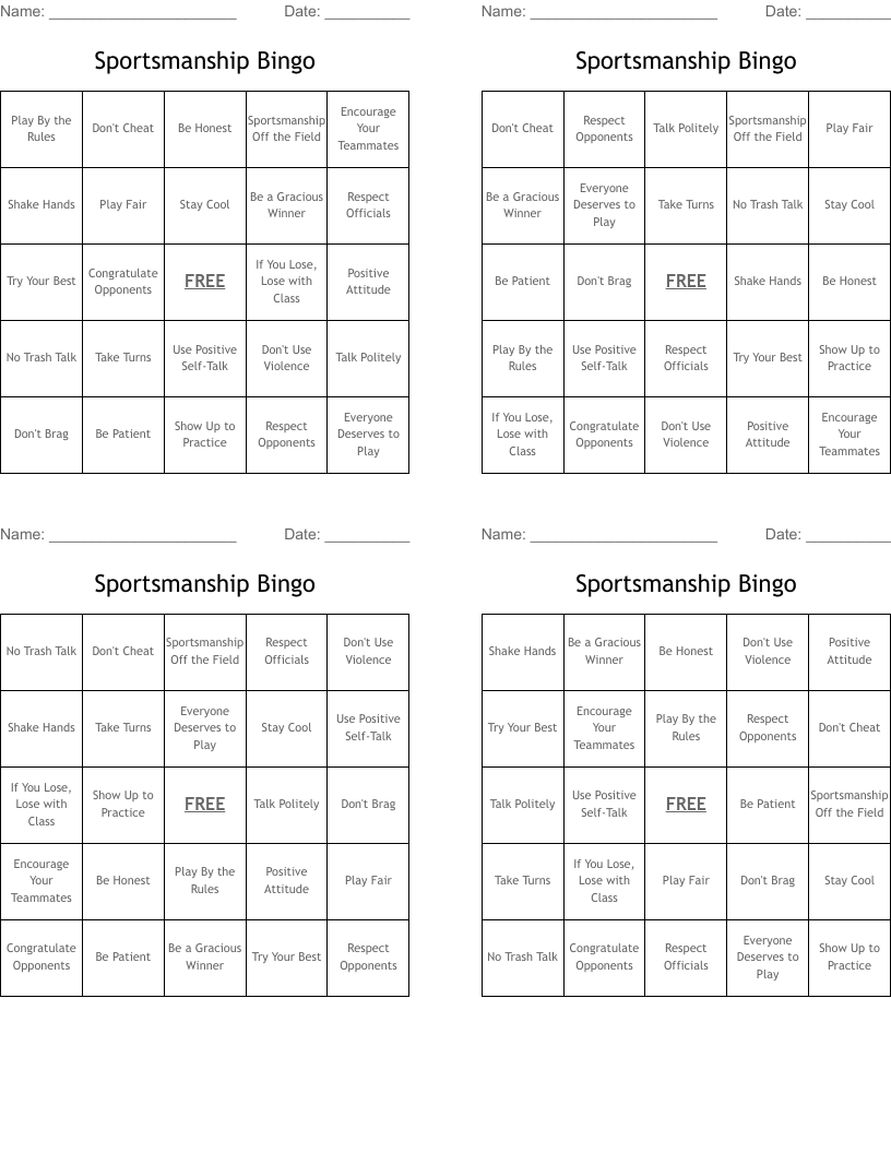 Sportsmanship Bingo