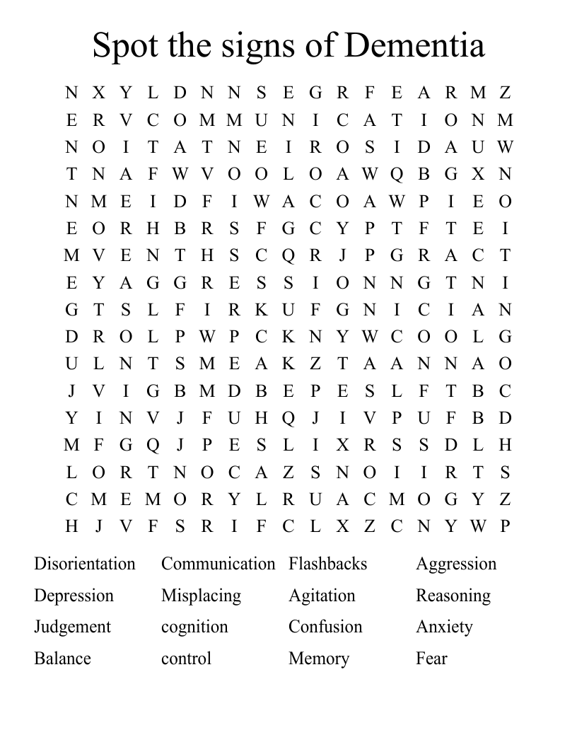 Spot the signs of Dementia  Word Search