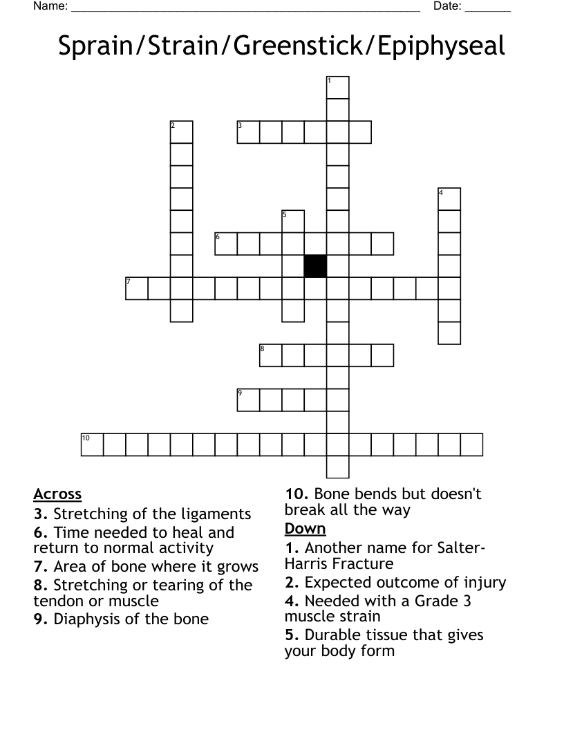 Sprain/Strain/Greenstick/Epiphyseal Crossword