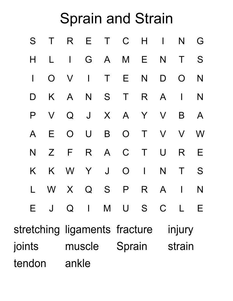 Sprain and Strain Word Search