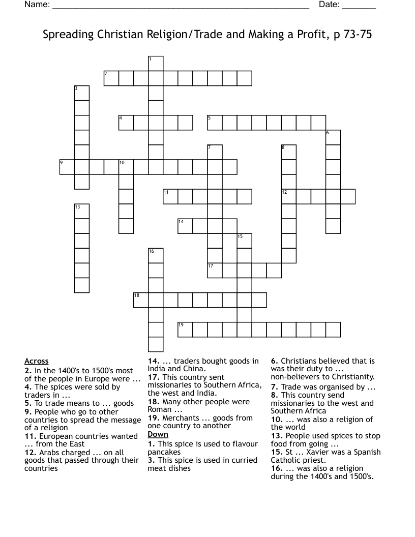 Spreading Christian Religion/Trade and Making a Profit, p 73-75 Crossword