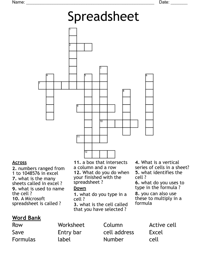 Spreadsheet Crossword