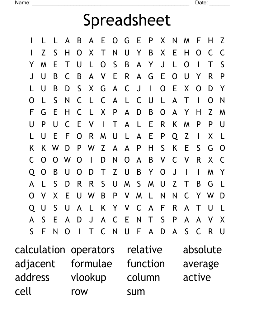 Spreadsheet Word Search