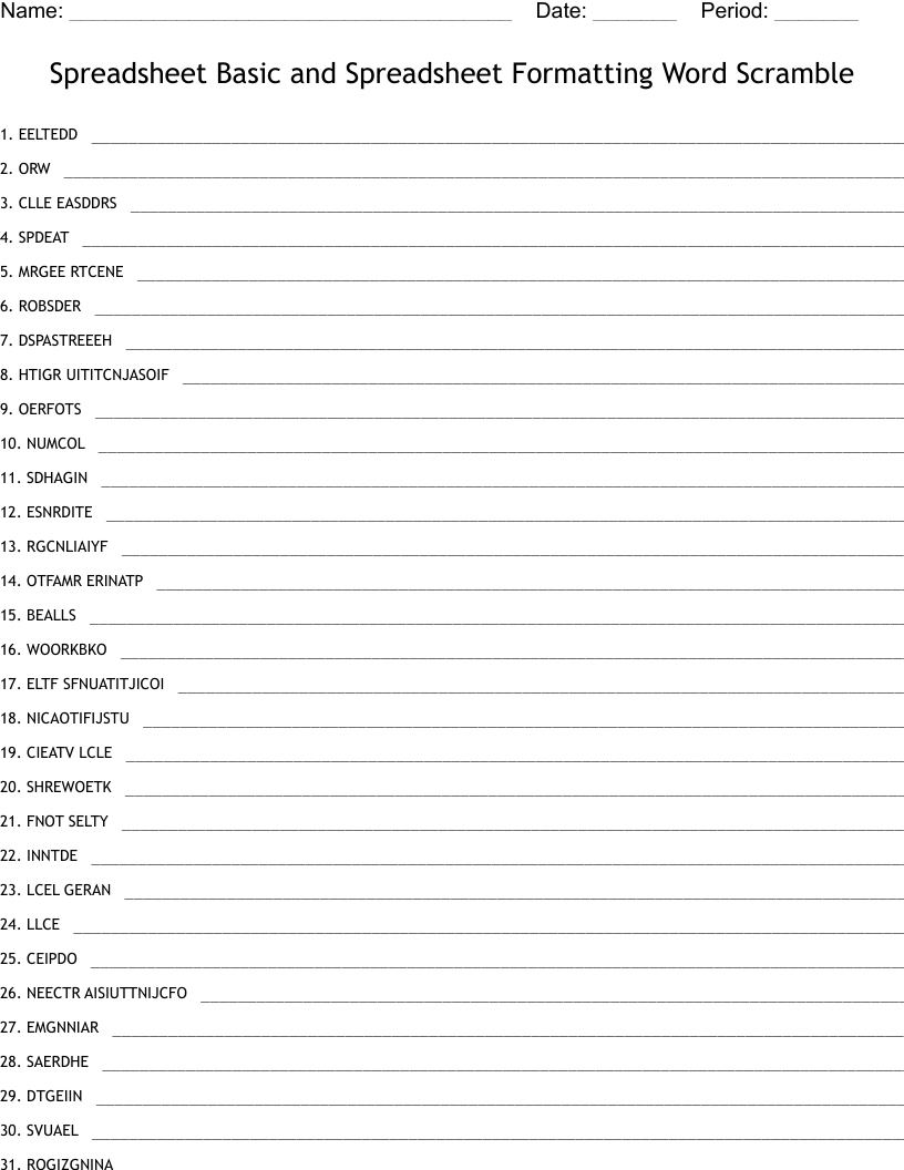 Spreadsheet Basic and Spreadsheet Formatting Word Scramble 