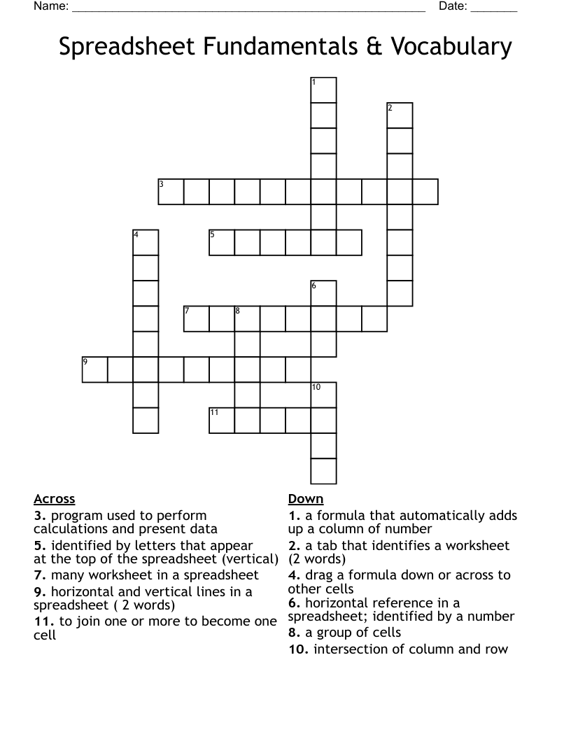 Spreadsheet Fundamentals & Vocabulary Crossword