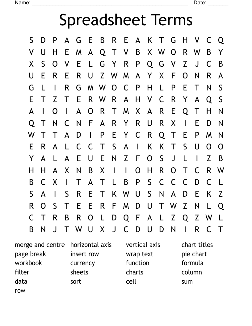 Spreadsheet Terms Word Search