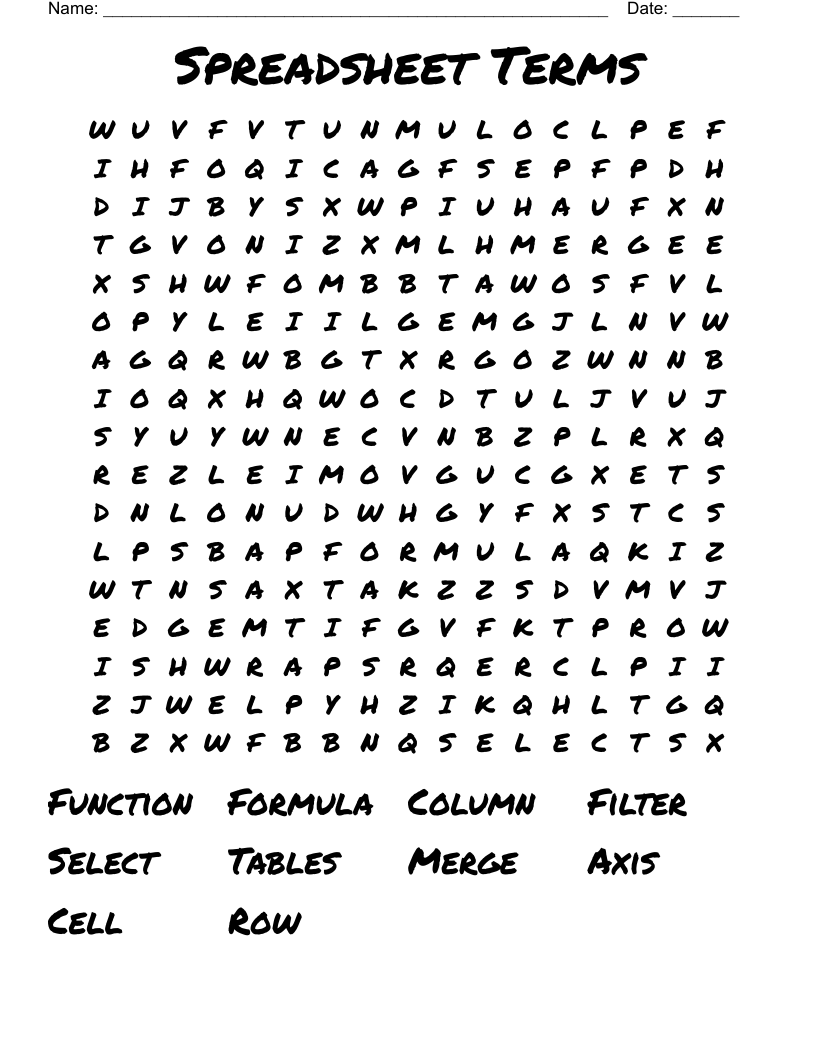Spreadsheet Terms Word Search