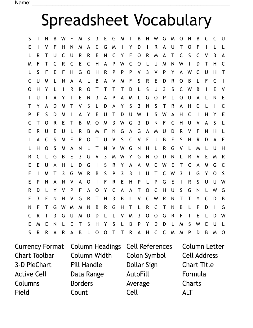 Spreadsheet Vocabulary Word Search