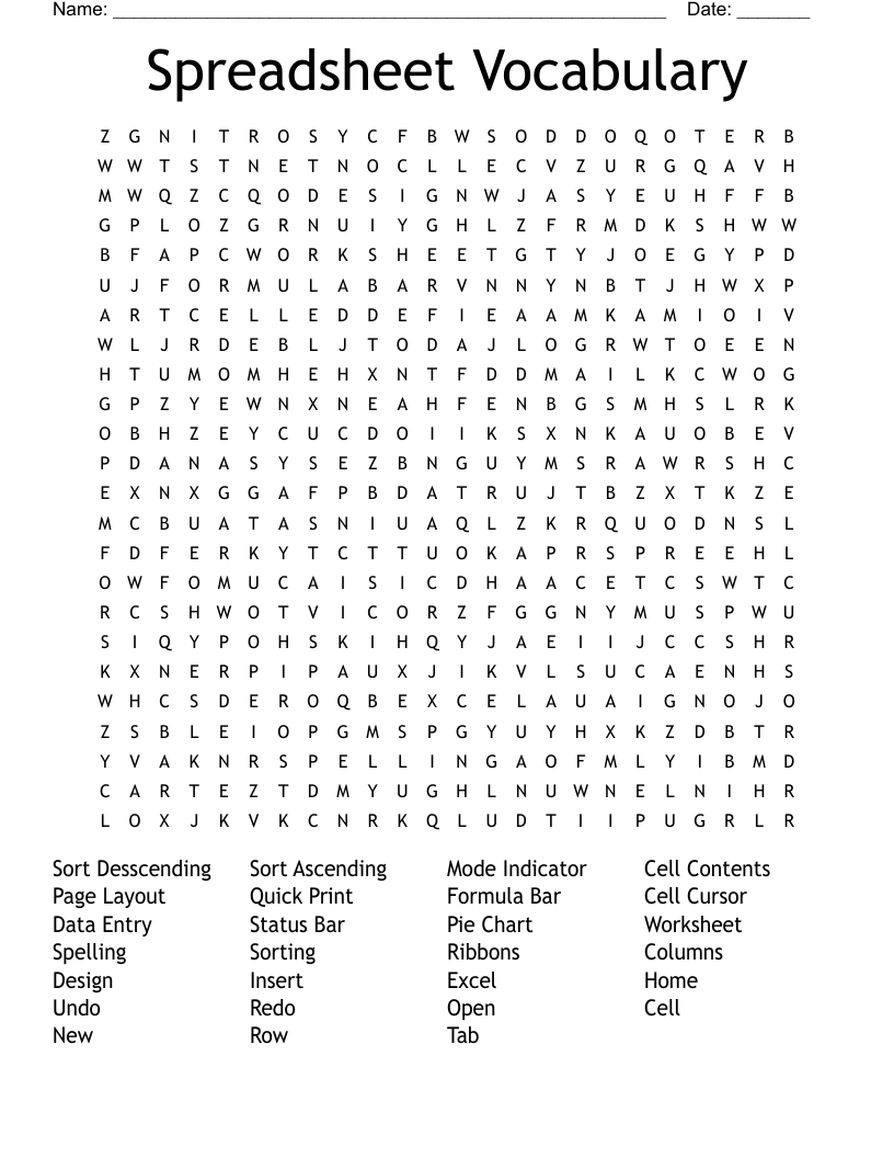 Spreadsheet Vocabulary Word Search