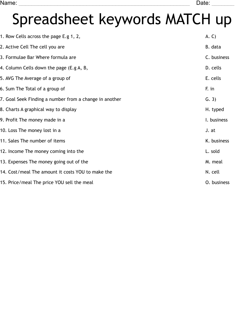 Spreadsheet keywords MATCH up Worksheet