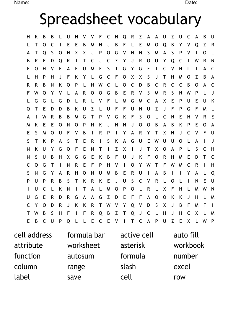 Spreadsheet vocabulary Word Search