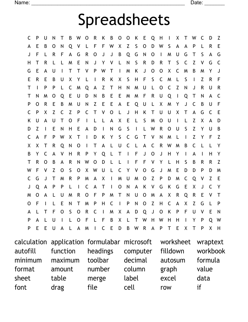 Spreadsheets Word Search