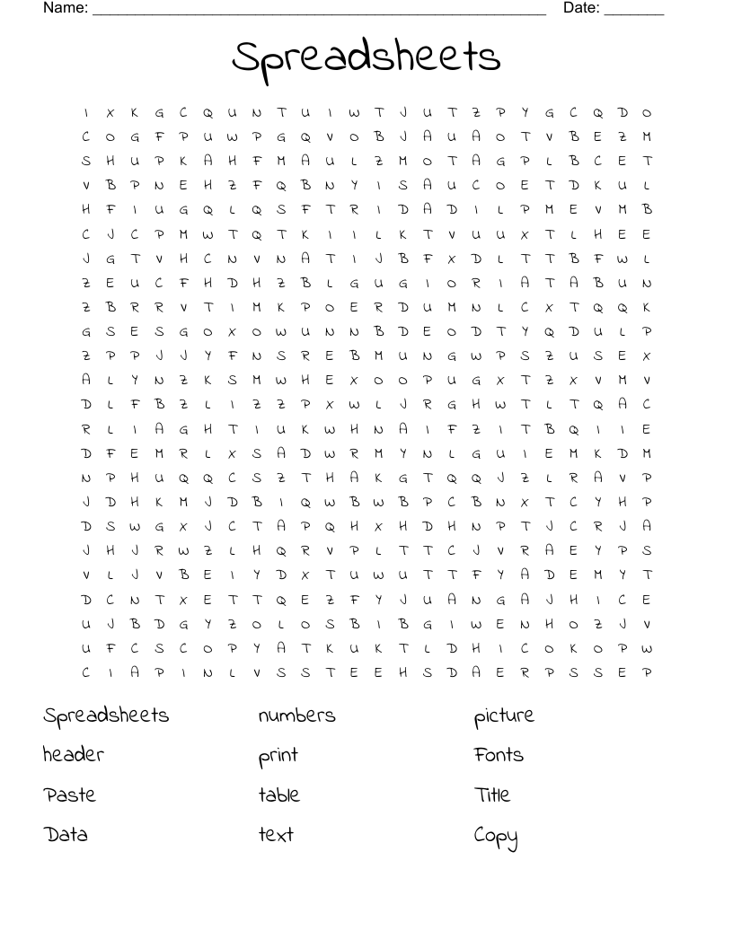 Spreadsheets Word Search