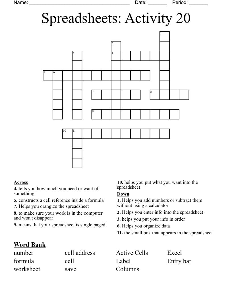 Spreadsheets: Activity 20 Crossword