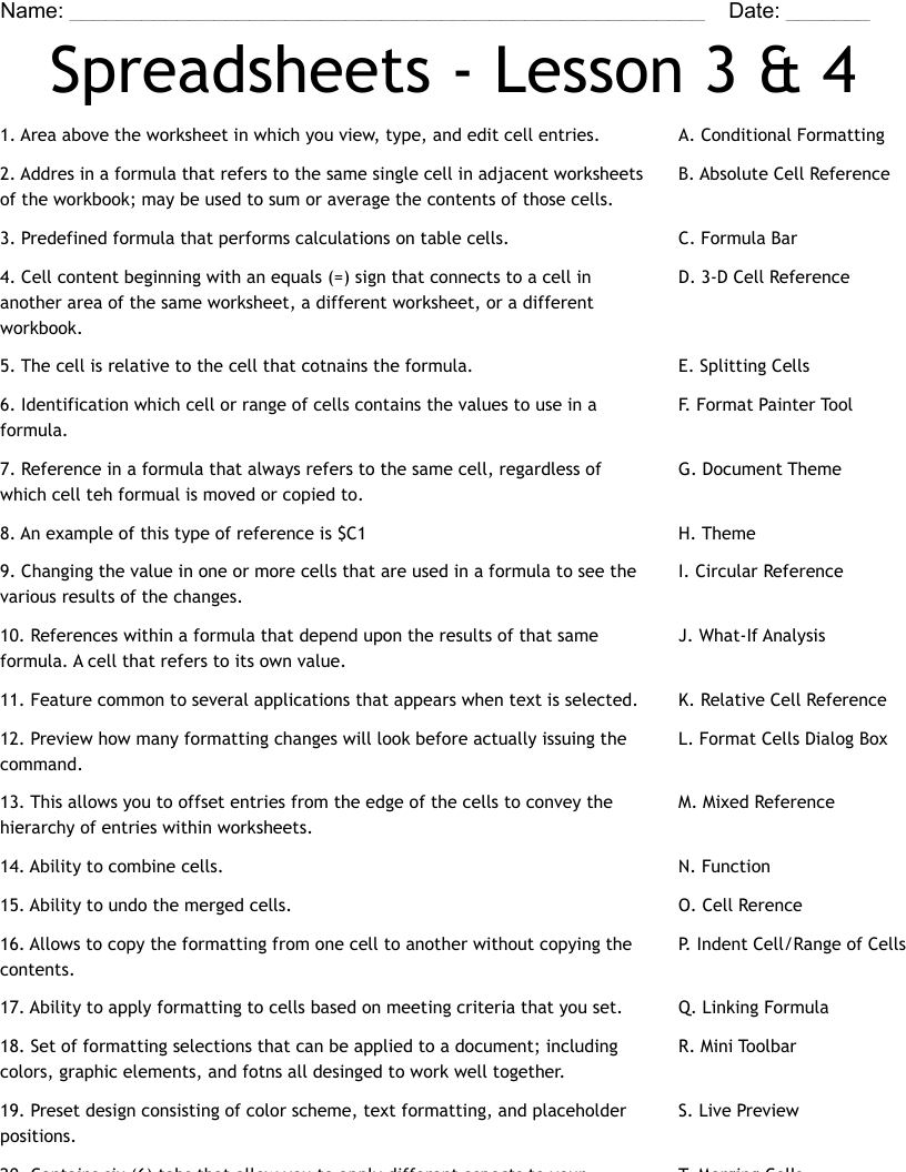 Spreadsheets - Lesson 3 & 4 Worksheet
