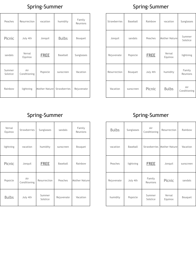 Spring-Summer Bingo Cards