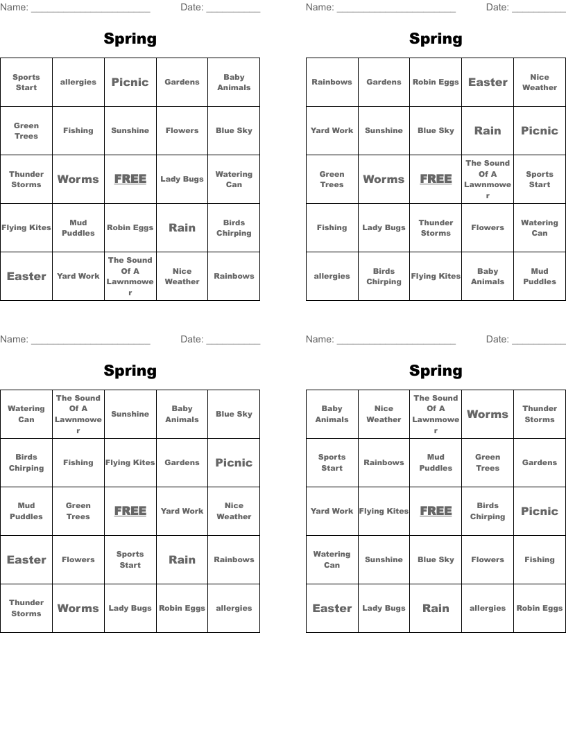 Spring Bingo Cards