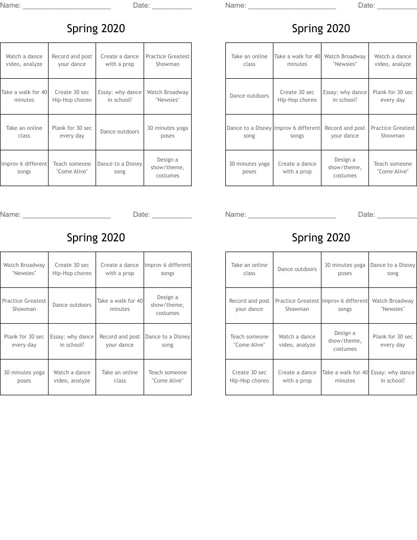 Spring 2020 Bingo Cards