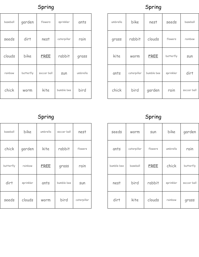 Spring Bingo Cards