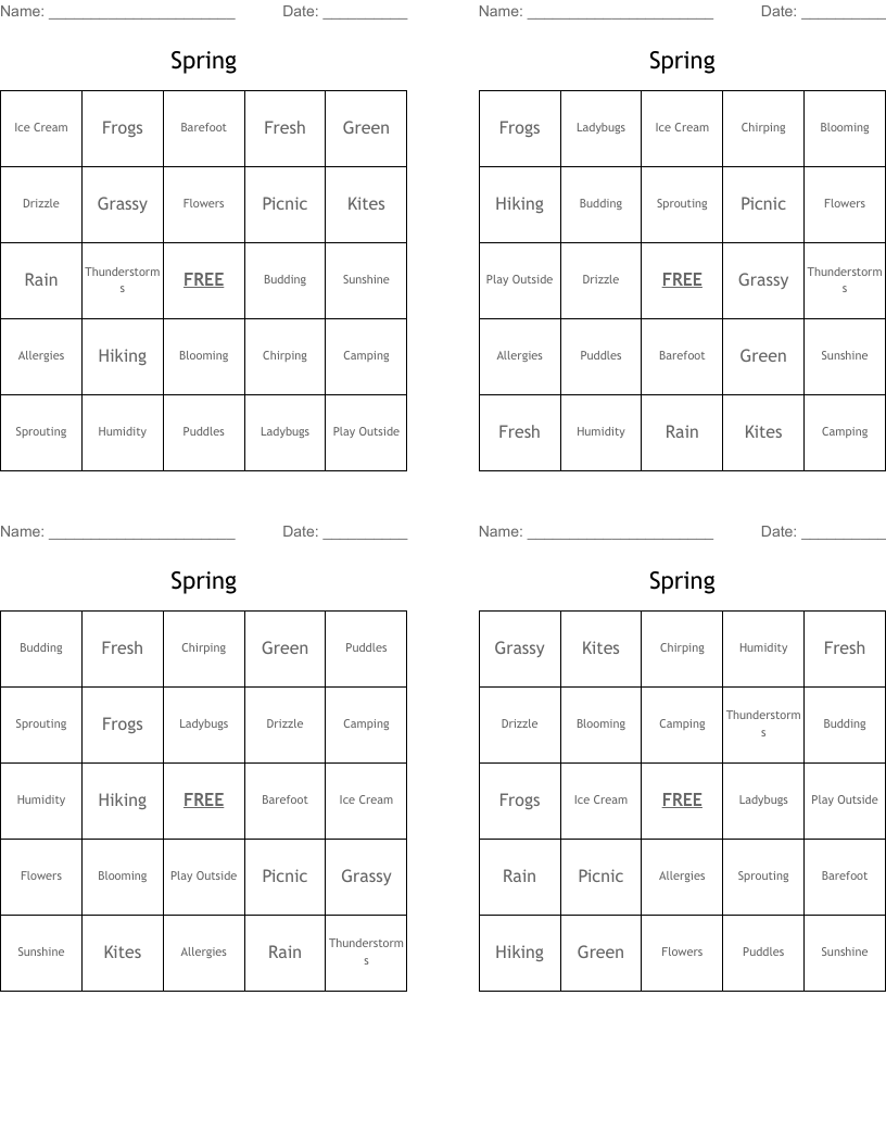 Spring Bingo Cards