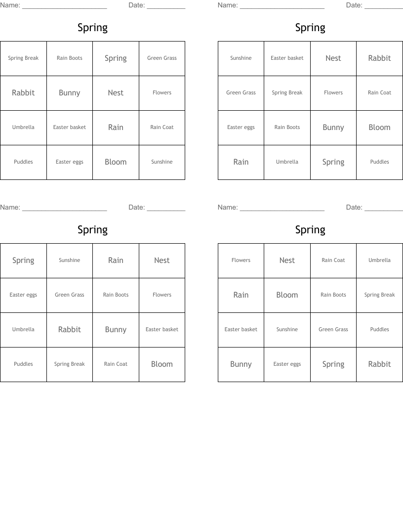 Spring Bingo Cards