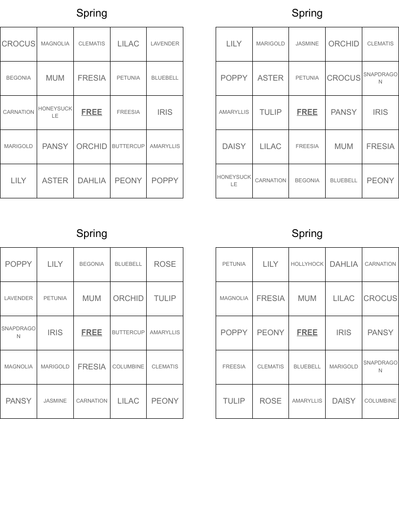 Spring Bingo Cards