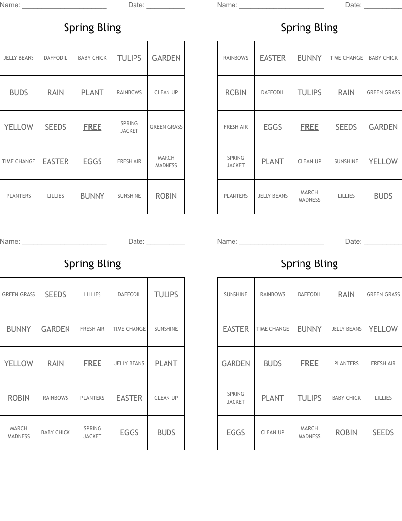 Spring Bling Bingo Cards
