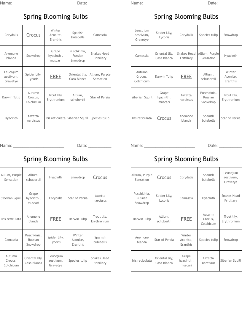 Spring Blooming Bulbs Bingo Cards