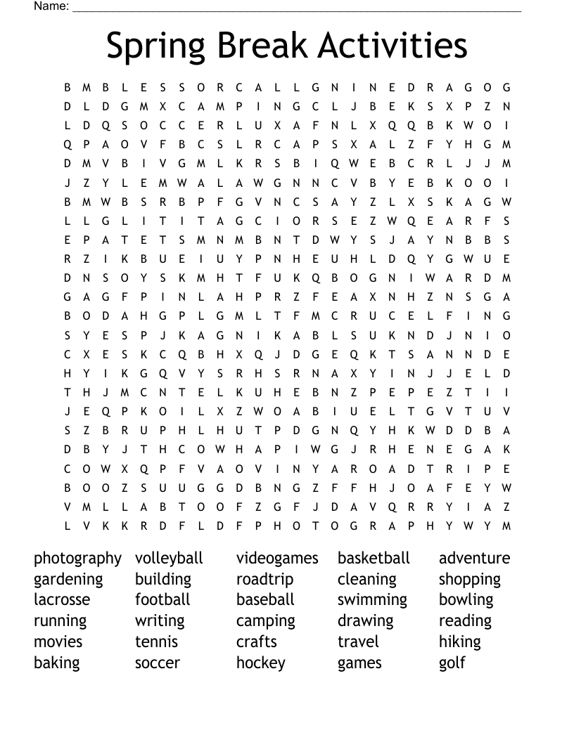 Spring Break Activities Word Search