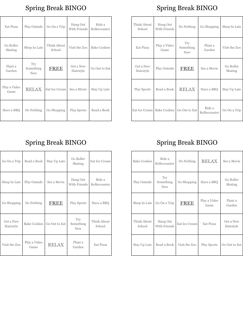 Spring Break BINGO