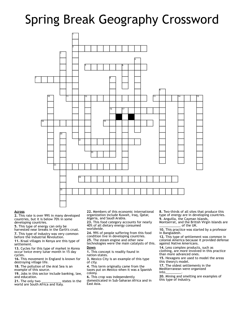 Spring Break Geography Crossword