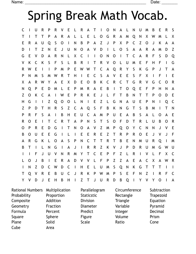 Spring Break Math Vocab. Word Search