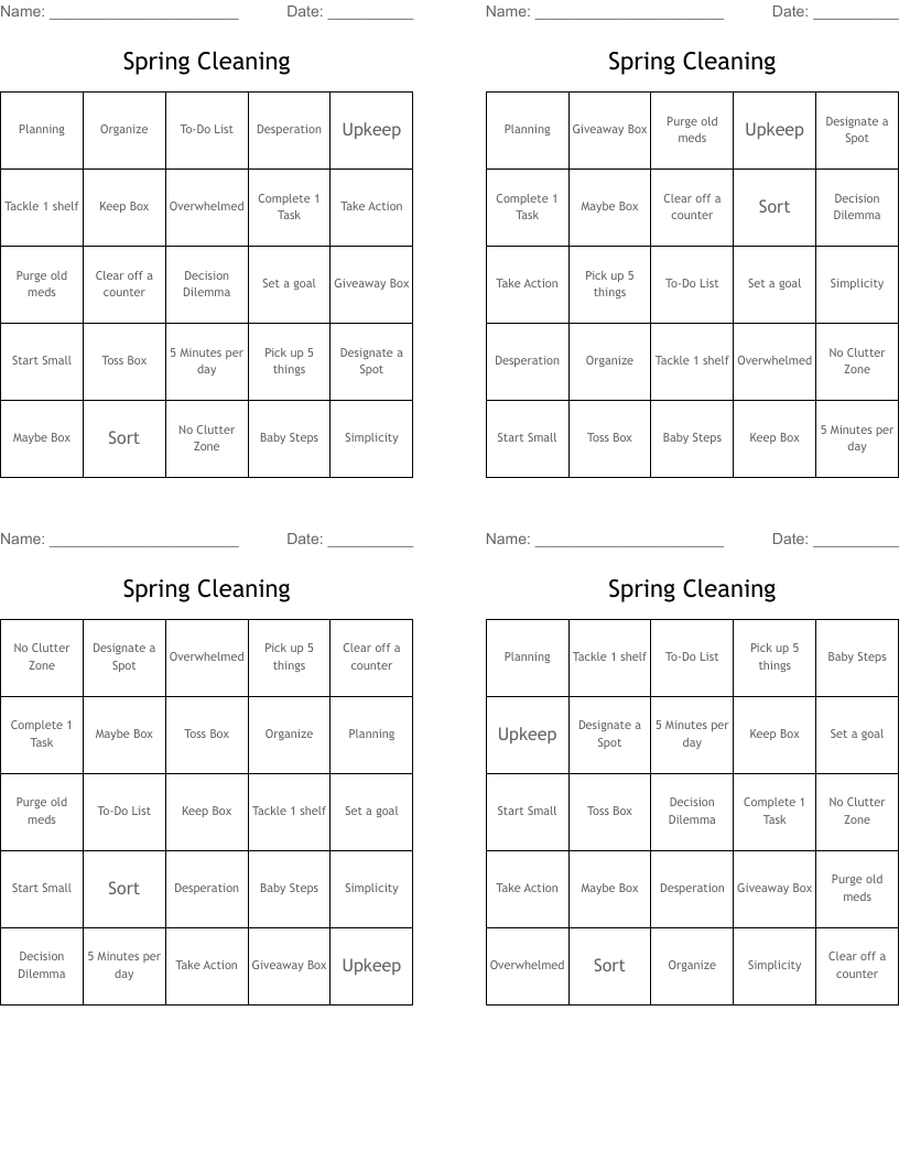 Spring Cleaning Bingo Cards