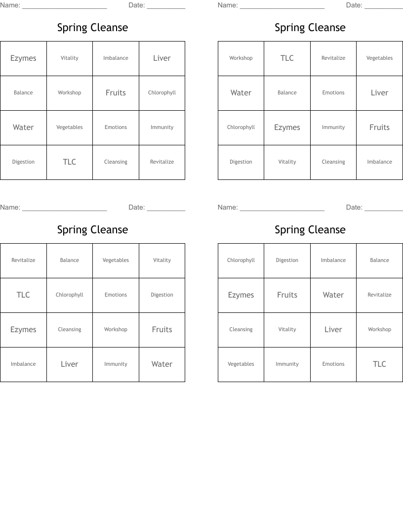 Spring Cleanse Bingo Cards