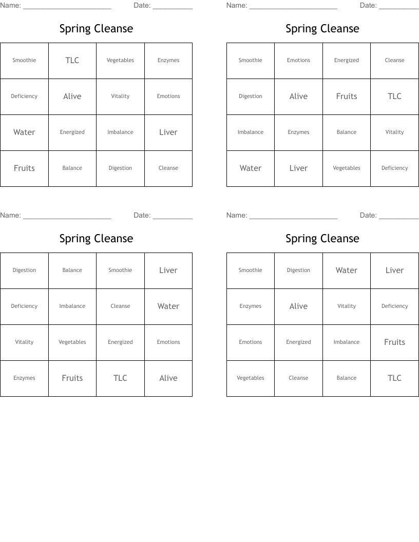 Spring Cleanse Bingo Cards