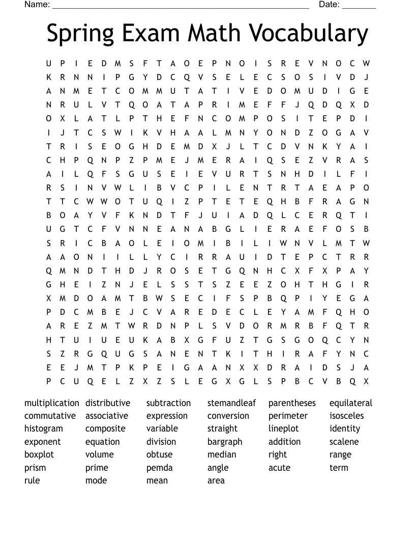 Spring Exam Math Vocabulary  Word Search