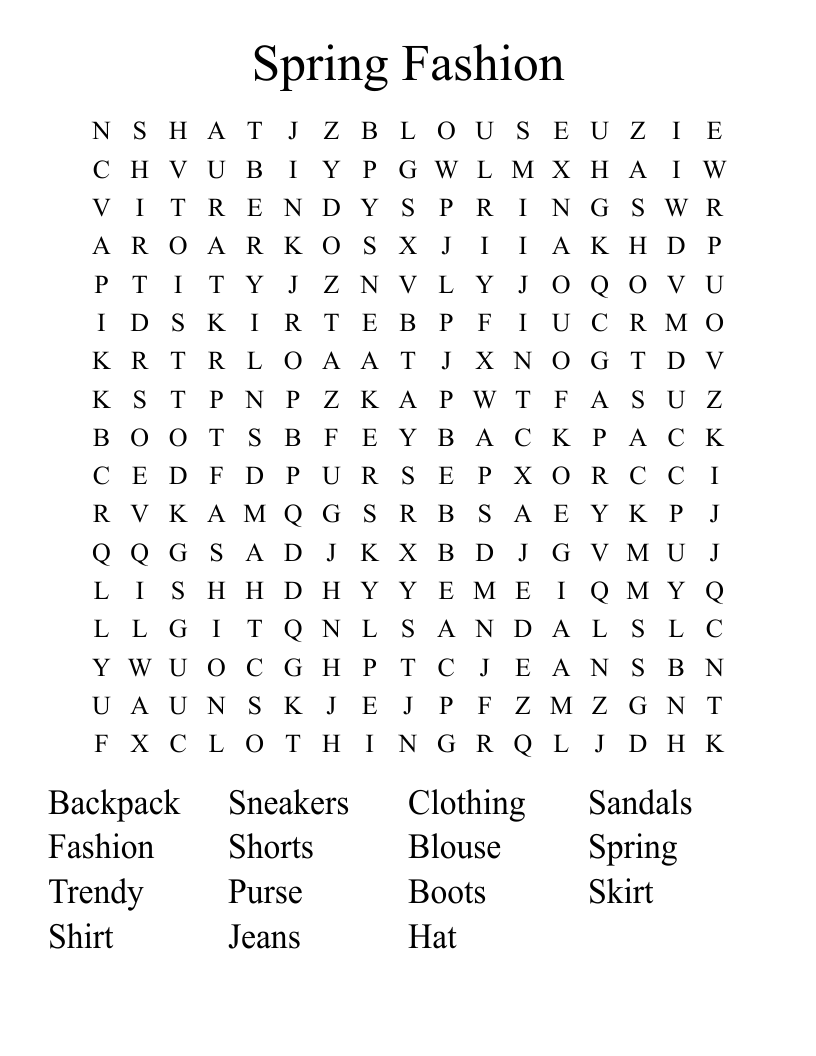 Spring Fashion Word Search