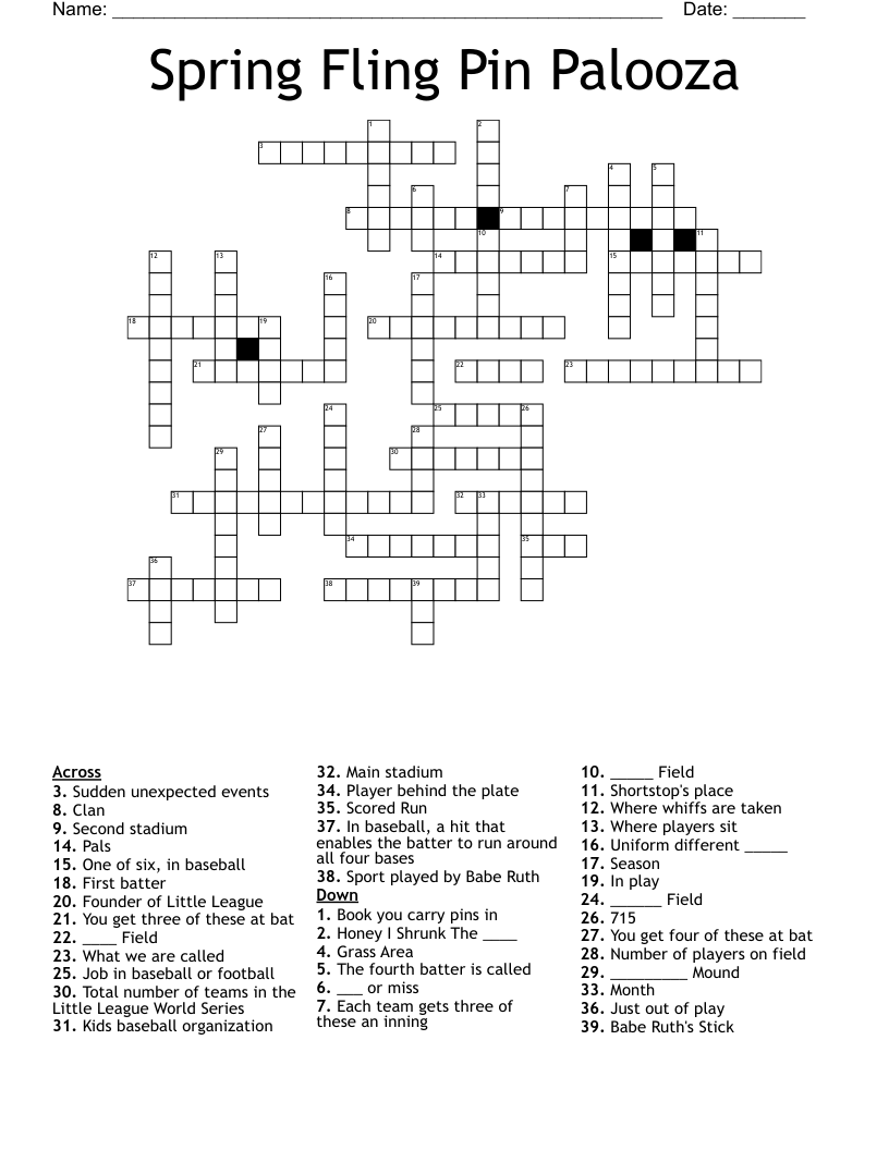 Spring Fling Pin Palooza Crossword