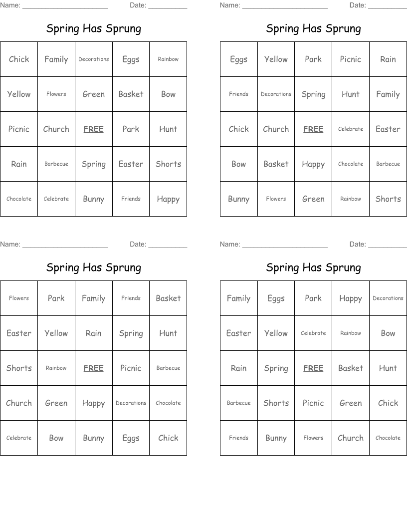 Spring Has Sprung Bingo Cards
