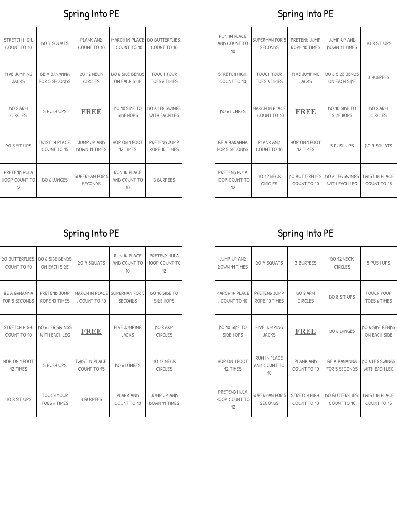 Spring Into PE Bingo Cards