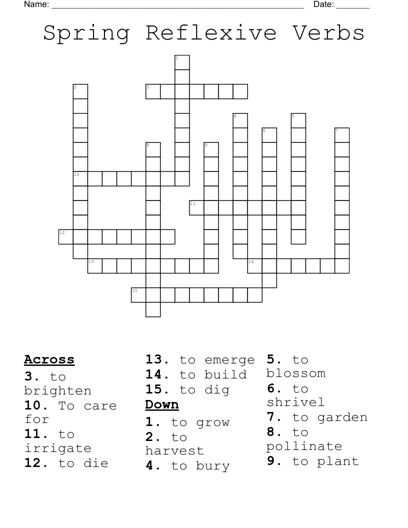 Spring Reflexive Verbs Crossword